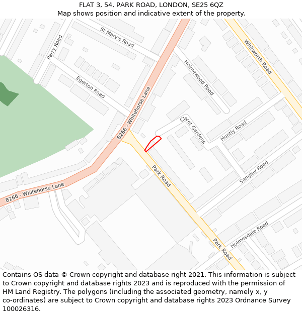 FLAT 3, 54, PARK ROAD, LONDON, SE25 6QZ: Location map and indicative extent of plot