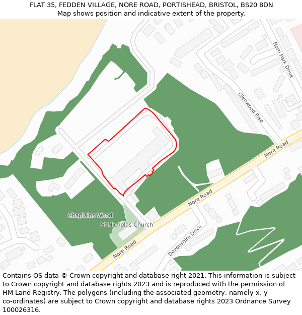 FLAT 35, FEDDEN VILLAGE, NORE ROAD, PORTISHEAD, BRISTOL, BS20 8DN: Location map and indicative extent of plot