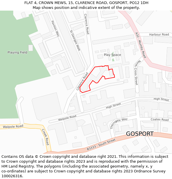 FLAT 4, CROWN MEWS, 15, CLARENCE ROAD, GOSPORT, PO12 1DH: Location map and indicative extent of plot