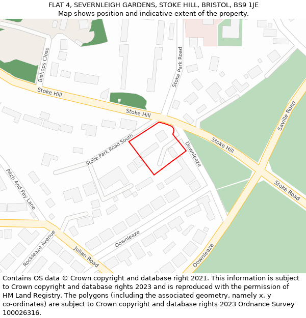 FLAT 4, SEVERNLEIGH GARDENS, STOKE HILL, BRISTOL, BS9 1JE: Location map and indicative extent of plot