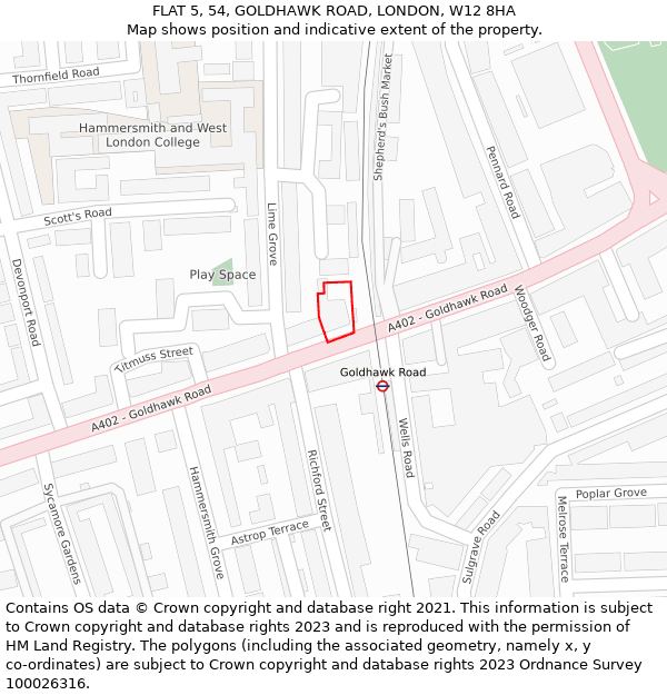 FLAT 5, 54, GOLDHAWK ROAD, LONDON, W12 8HA: Location map and indicative extent of plot