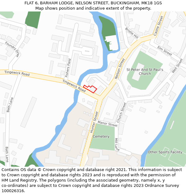 FLAT 6, BARHAM LODGE, NELSON STREET, BUCKINGHAM, MK18 1GS: Location map and indicative extent of plot