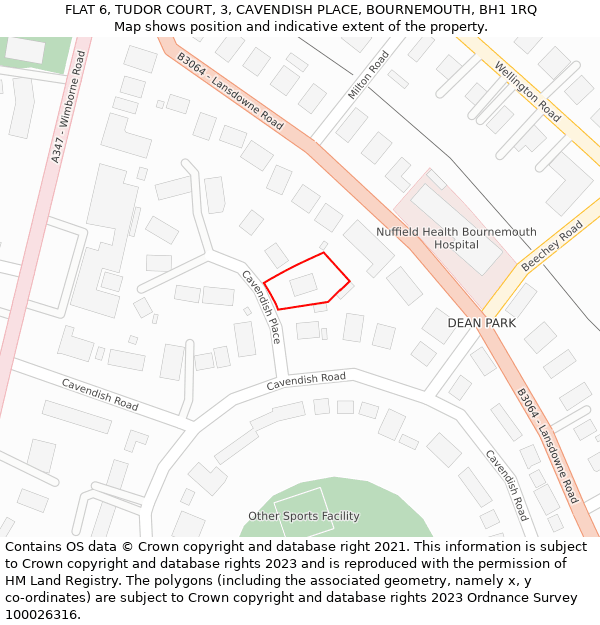 FLAT 6, TUDOR COURT, 3, CAVENDISH PLACE, BOURNEMOUTH, BH1 1RQ: Location map and indicative extent of plot