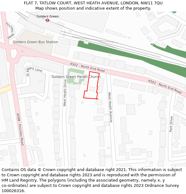 FLAT 7, TATLOW COURT, WEST HEATH AVENUE, LONDON, NW11 7QU: Location map and indicative extent of plot
