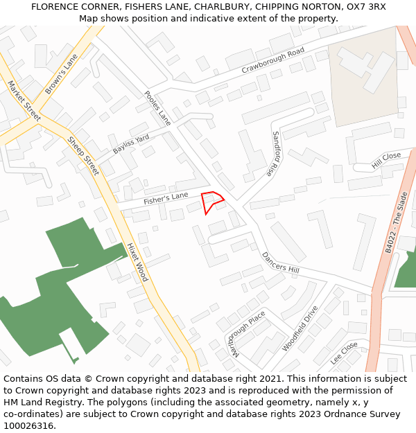 FLORENCE CORNER, FISHERS LANE, CHARLBURY, CHIPPING NORTON, OX7 3RX: Location map and indicative extent of plot