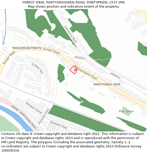 FOREST VIEW, PANTYGRAIGWEN ROAD, PONTYPRIDD, CF37 2RR: Location map and indicative extent of plot