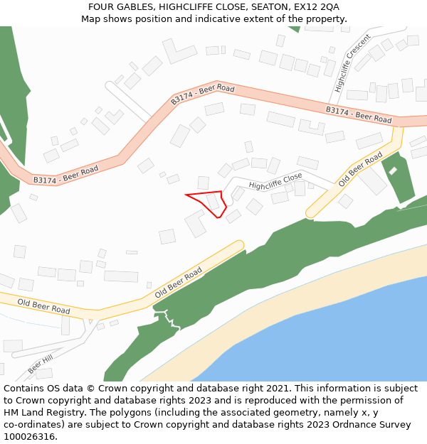 FOUR GABLES, HIGHCLIFFE CLOSE, SEATON, EX12 2QA: Location map and indicative extent of plot