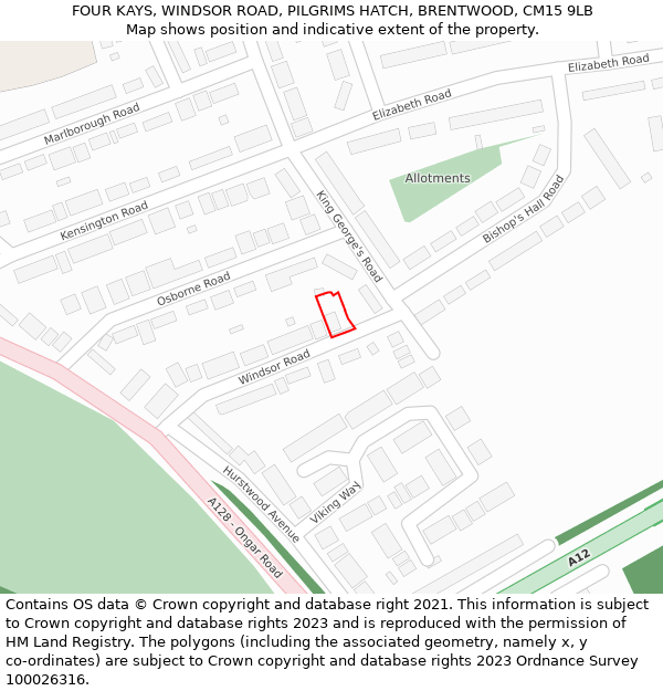 FOUR KAYS, WINDSOR ROAD, PILGRIMS HATCH, BRENTWOOD, CM15 9LB: Location map and indicative extent of plot