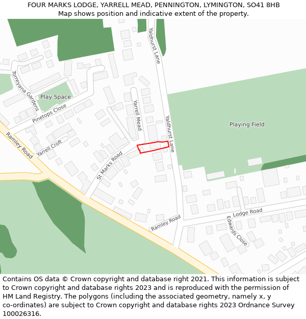 FOUR MARKS LODGE, YARRELL MEAD, PENNINGTON, LYMINGTON, SO41 8HB: Location map and indicative extent of plot