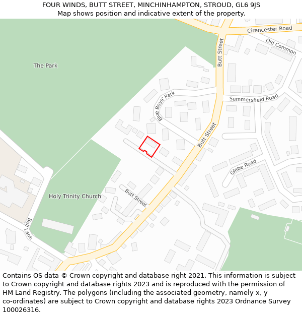 FOUR WINDS, BUTT STREET, MINCHINHAMPTON, STROUD, GL6 9JS: Location map and indicative extent of plot