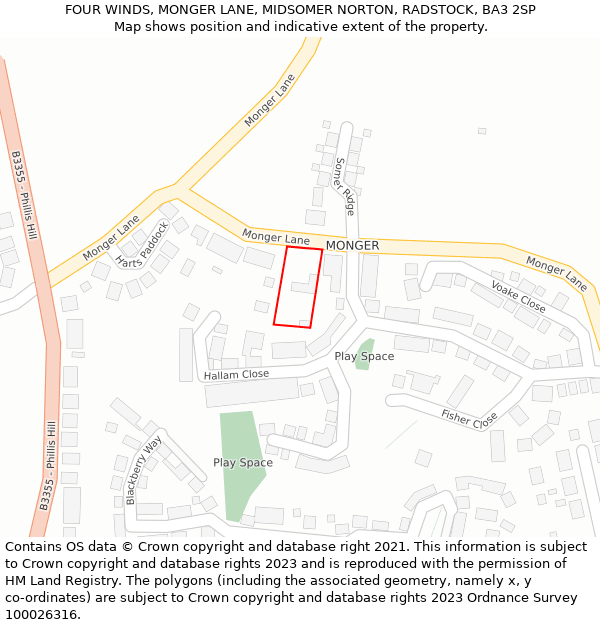 FOUR WINDS, MONGER LANE, MIDSOMER NORTON, RADSTOCK, BA3 2SP: Location map and indicative extent of plot