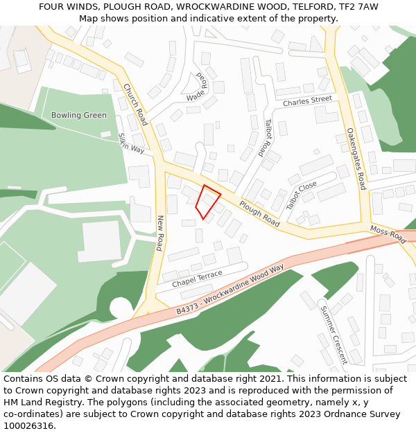 FOUR WINDS, PLOUGH ROAD, WROCKWARDINE WOOD, TELFORD, TF2 7AW: Location map and indicative extent of plot