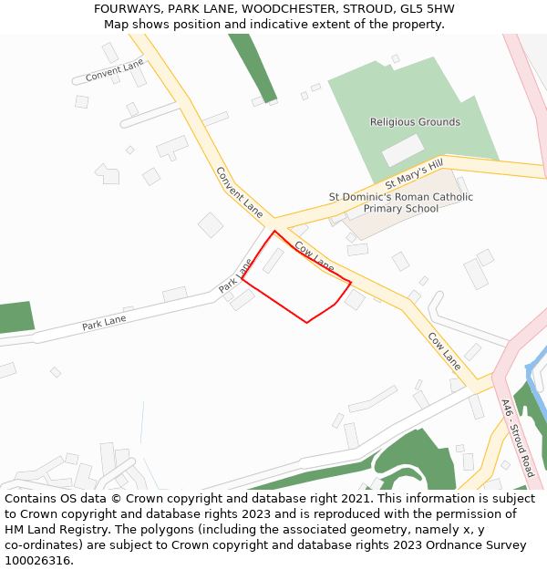 FOURWAYS, PARK LANE, WOODCHESTER, STROUD, GL5 5HW: Location map and indicative extent of plot