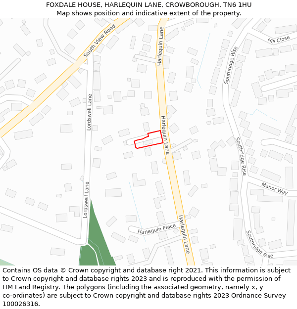 FOXDALE HOUSE, HARLEQUIN LANE, CROWBOROUGH, TN6 1HU: Location map and indicative extent of plot