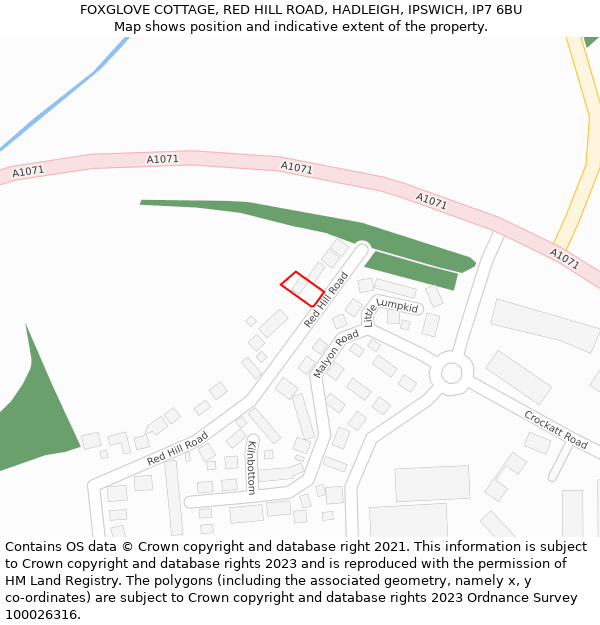 FOXGLOVE COTTAGE, RED HILL ROAD, HADLEIGH, IPSWICH, IP7 6BU: Location map and indicative extent of plot