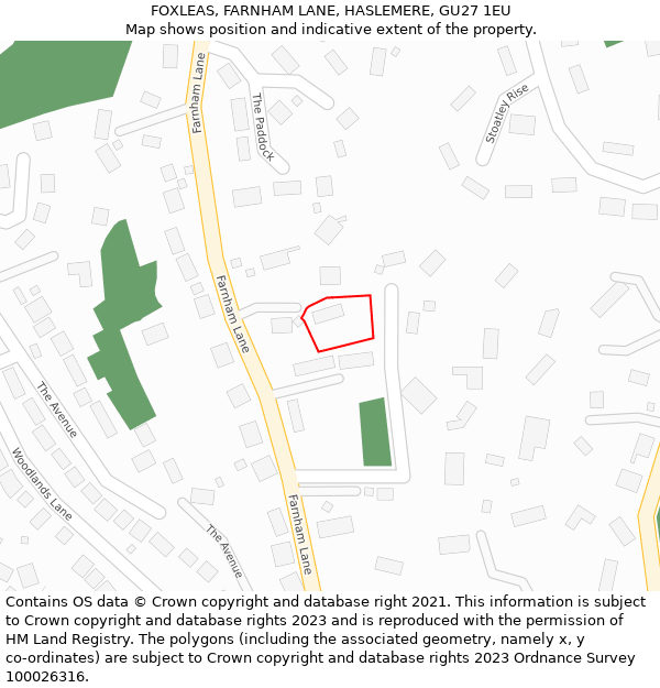 FOXLEAS, FARNHAM LANE, HASLEMERE, GU27 1EU: Location map and indicative extent of plot