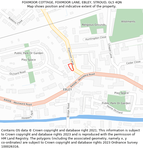 FOXMOOR COTTAGE, FOXMOOR LANE, EBLEY, STROUD, GL5 4QN: Location map and indicative extent of plot