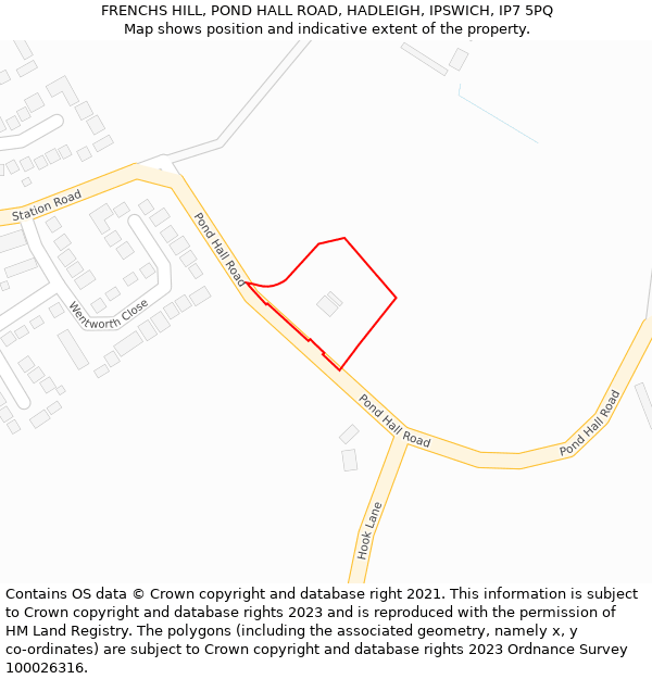 FRENCHS HILL, POND HALL ROAD, HADLEIGH, IPSWICH, IP7 5PQ: Location map and indicative extent of plot