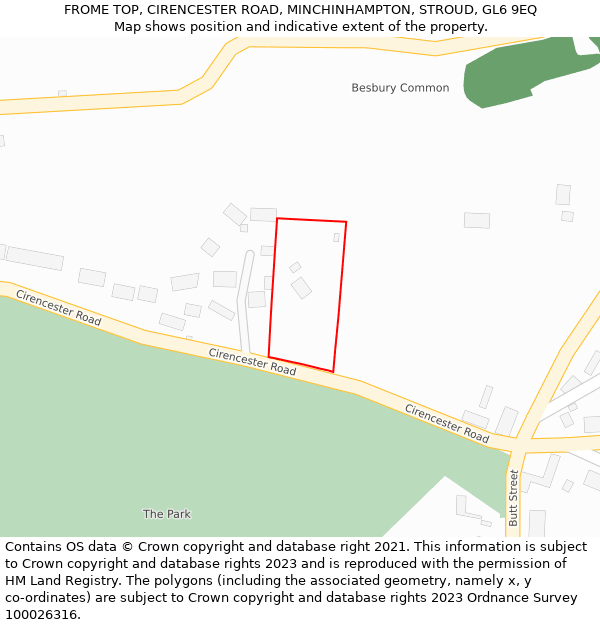 FROME TOP, CIRENCESTER ROAD, MINCHINHAMPTON, STROUD, GL6 9EQ: Location map and indicative extent of plot