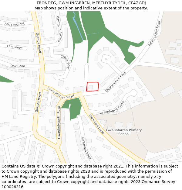 FRONDEG, GWAUNFARREN, MERTHYR TYDFIL, CF47 8DJ: Location map and indicative extent of plot