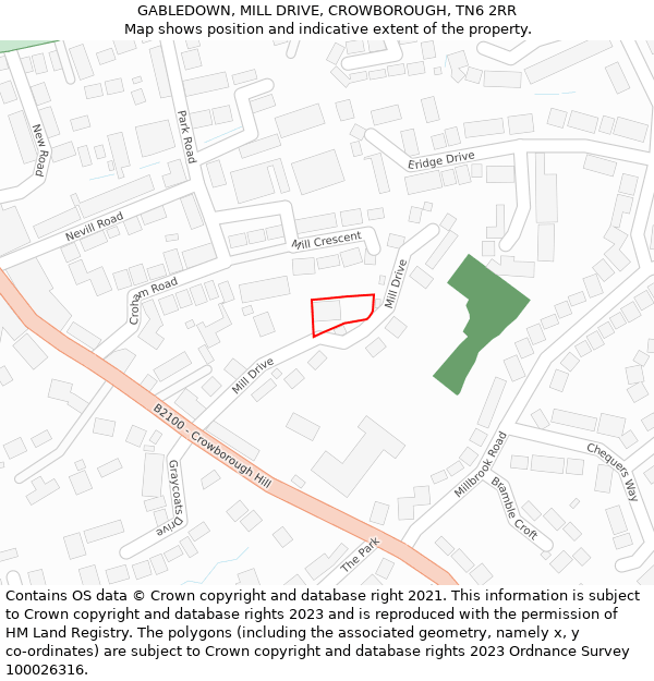 GABLEDOWN, MILL DRIVE, CROWBOROUGH, TN6 2RR: Location map and indicative extent of plot
