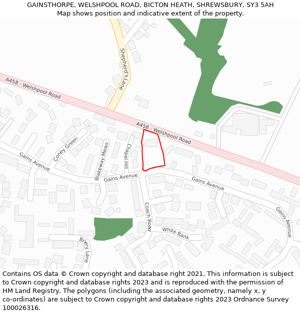 GAINSTHORPE, WELSHPOOL ROAD, BICTON HEATH, SHREWSBURY, SY3 5AH: Location map and indicative extent of plot