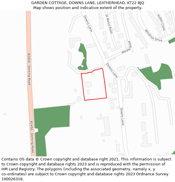 GARDEN COTTAGE, DOWNS LANE, LEATHERHEAD, KT22 8JQ: Location map and indicative extent of plot