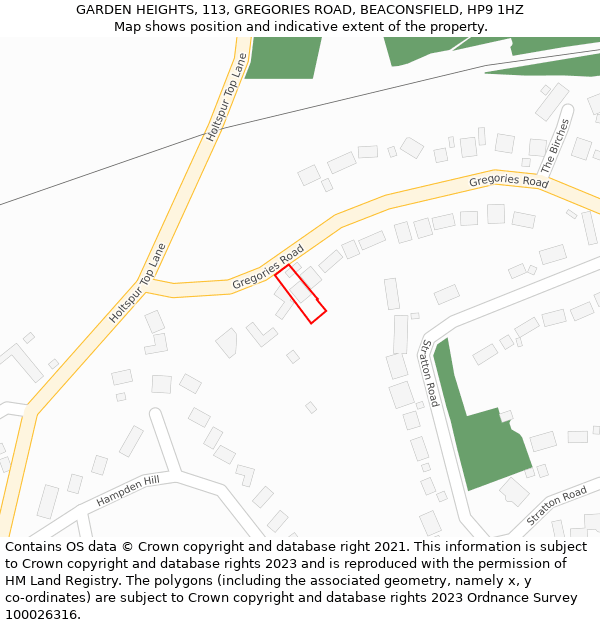 GARDEN HEIGHTS, 113, GREGORIES ROAD, BEACONSFIELD, HP9 1HZ: Location map and indicative extent of plot