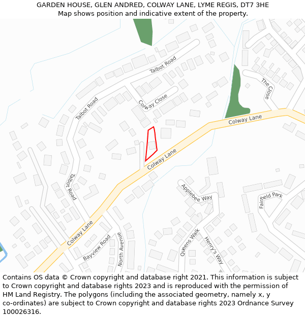 GARDEN HOUSE, GLEN ANDRED, COLWAY LANE, LYME REGIS, DT7 3HE: Location map and indicative extent of plot