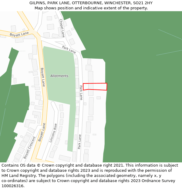 GILPINS, PARK LANE, OTTERBOURNE, WINCHESTER, SO21 2HY: Location map and indicative extent of plot