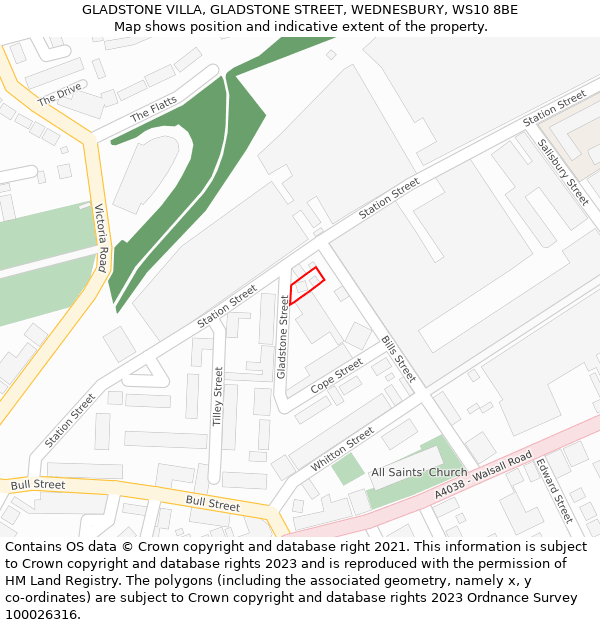 GLADSTONE VILLA, GLADSTONE STREET, WEDNESBURY, WS10 8BE: Location map and indicative extent of plot
