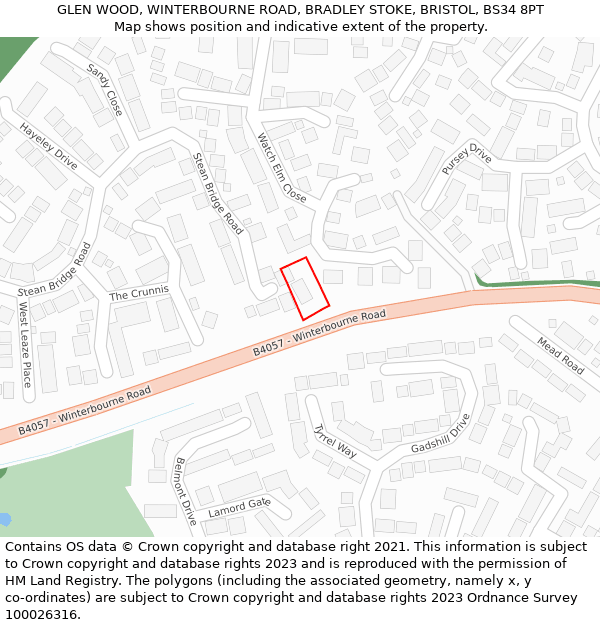 GLEN WOOD, WINTERBOURNE ROAD, BRADLEY STOKE, BRISTOL, BS34 8PT: Location map and indicative extent of plot