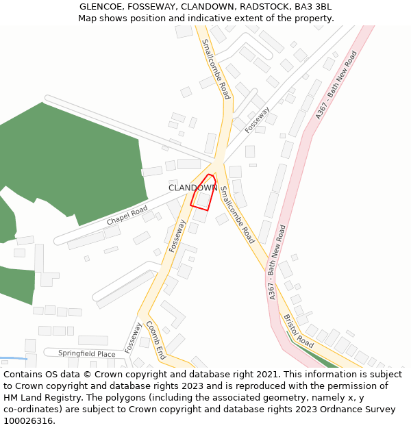 GLENCOE, FOSSEWAY, CLANDOWN, RADSTOCK, BA3 3BL: Location map and indicative extent of plot