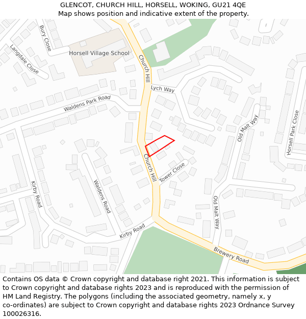 GLENCOT, CHURCH HILL, HORSELL, WOKING, GU21 4QE: Location map and indicative extent of plot