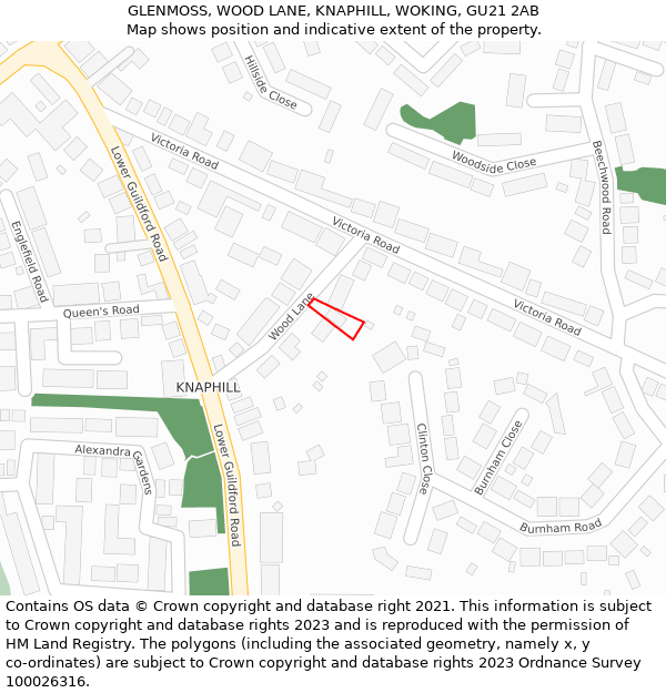 GLENMOSS, WOOD LANE, KNAPHILL, WOKING, GU21 2AB: Location map and indicative extent of plot