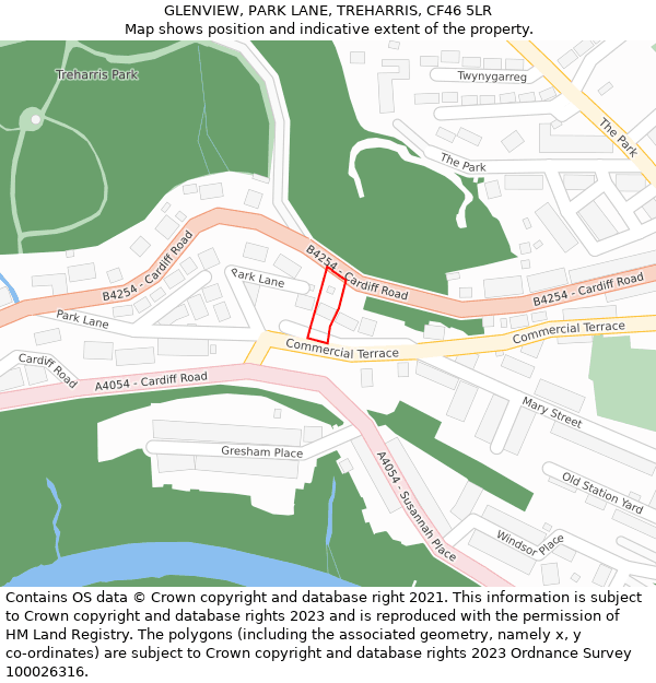 GLENVIEW, PARK LANE, TREHARRIS, CF46 5LR: Location map and indicative extent of plot
