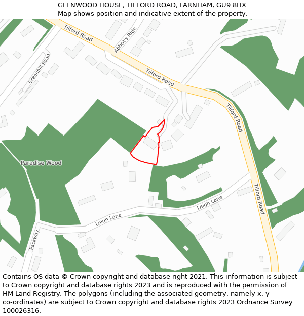 GLENWOOD HOUSE, TILFORD ROAD, FARNHAM, GU9 8HX: Location map and indicative extent of plot