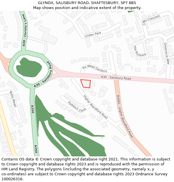 GLYNDA, SALISBURY ROAD, SHAFTESBURY, SP7 8BS: Location map and indicative extent of plot