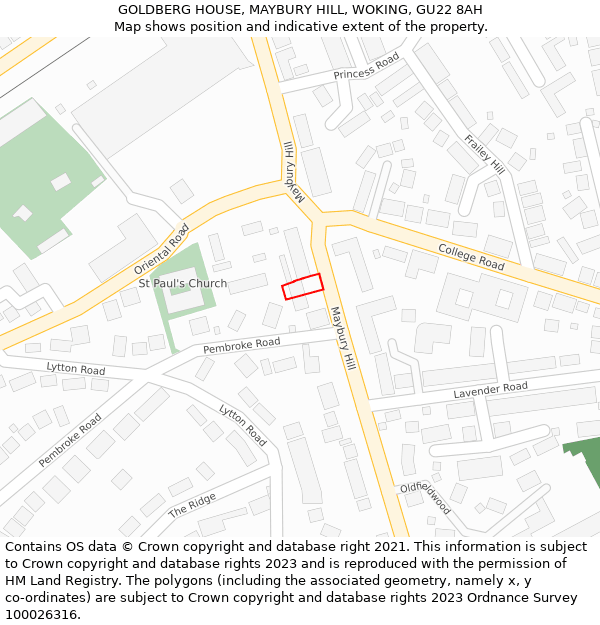 GOLDBERG HOUSE, MAYBURY HILL, WOKING, GU22 8AH: Location map and indicative extent of plot