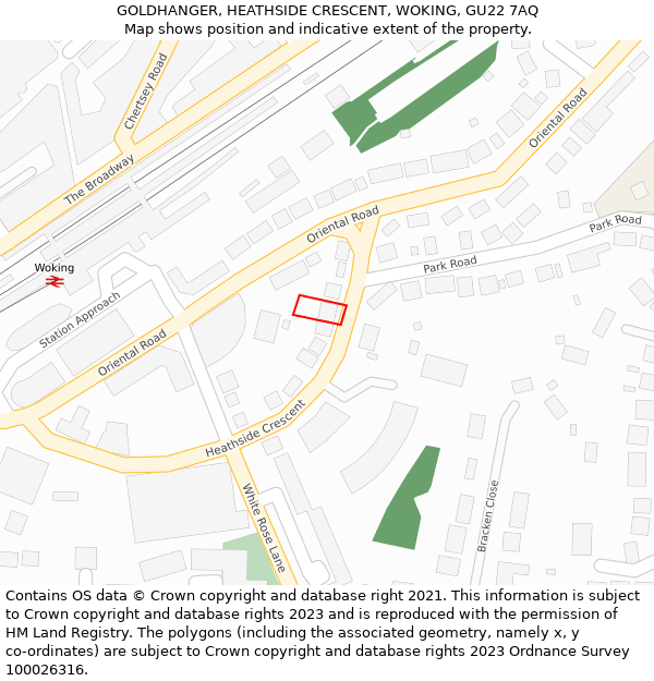 GOLDHANGER, HEATHSIDE CRESCENT, WOKING, GU22 7AQ: Location map and indicative extent of plot