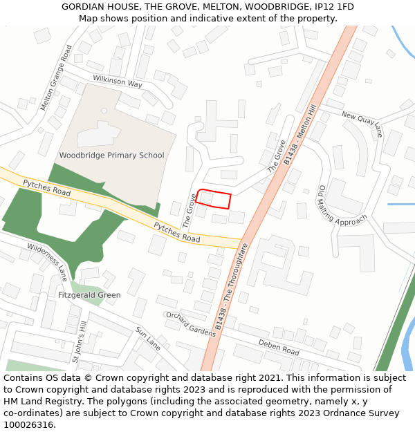 GORDIAN HOUSE, THE GROVE, MELTON, WOODBRIDGE, IP12 1FD: Location map and indicative extent of plot