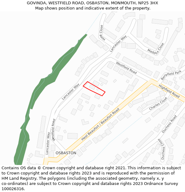 GOVINDA, WESTFIELD ROAD, OSBASTON, MONMOUTH, NP25 3HX: Location map and indicative extent of plot