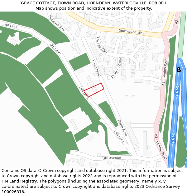 GRACE COTTAGE, DOWN ROAD, HORNDEAN, WATERLOOVILLE, PO8 0EU: Location map and indicative extent of plot