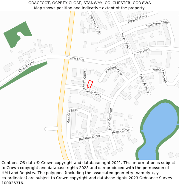 GRACECOT, OSPREY CLOSE, STANWAY, COLCHESTER, CO3 8WA: Location map and indicative extent of plot