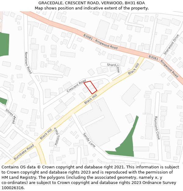 GRACEDALE, CRESCENT ROAD, VERWOOD, BH31 6DA: Location map and indicative extent of plot