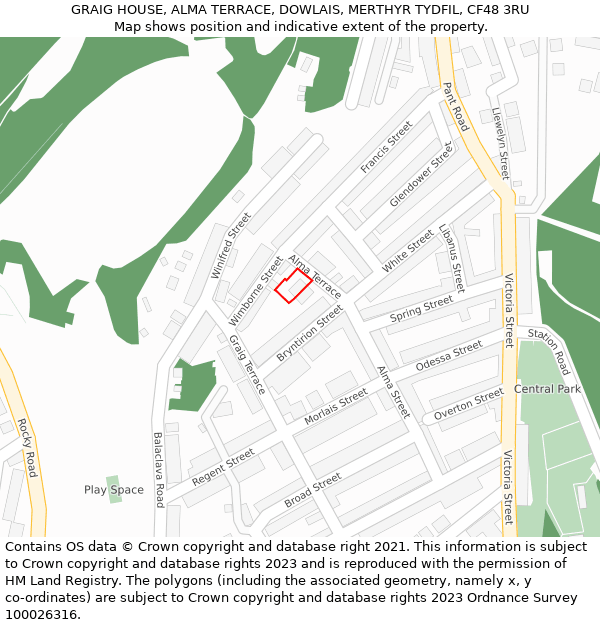 GRAIG HOUSE, ALMA TERRACE, DOWLAIS, MERTHYR TYDFIL, CF48 3RU: Location map and indicative extent of plot