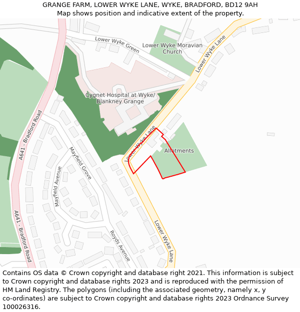 GRANGE FARM, LOWER WYKE LANE, WYKE, BRADFORD, BD12 9AH: Location map and indicative extent of plot