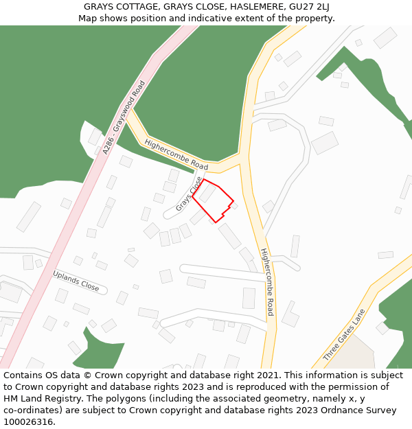 GRAYS COTTAGE, GRAYS CLOSE, HASLEMERE, GU27 2LJ: Location map and indicative extent of plot