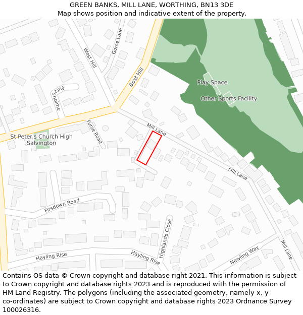 GREEN BANKS, MILL LANE, WORTHING, BN13 3DE: Location map and indicative extent of plot