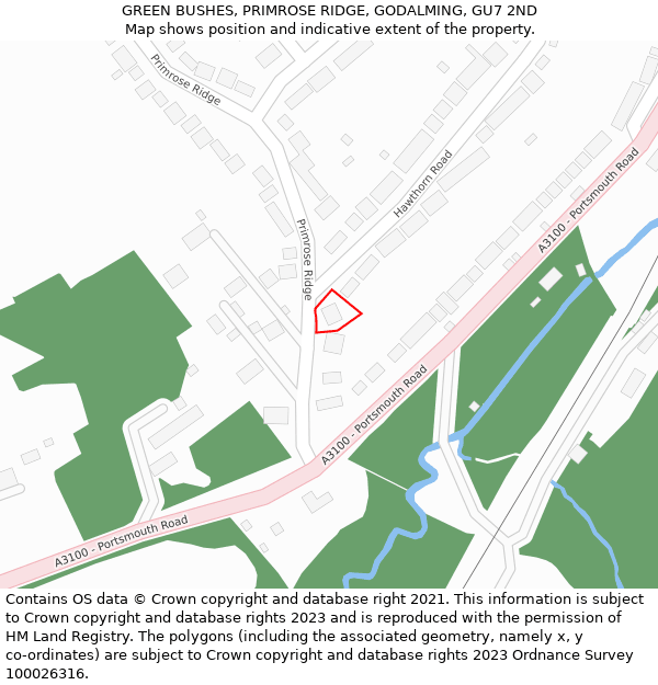 GREEN BUSHES, PRIMROSE RIDGE, GODALMING, GU7 2ND: Location map and indicative extent of plot